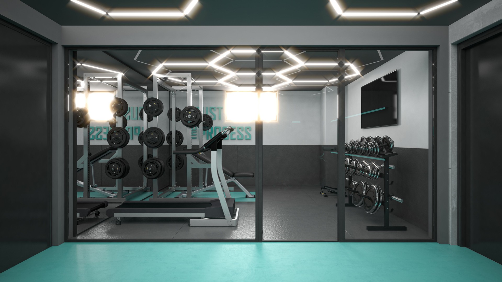 Interior Design. Architecture. Computer generated image of Home Gym and garage. Architectural Visualization. 3D rendering.